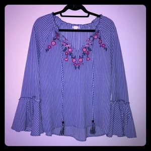 Blue and White Striped Top with Flower Detailing